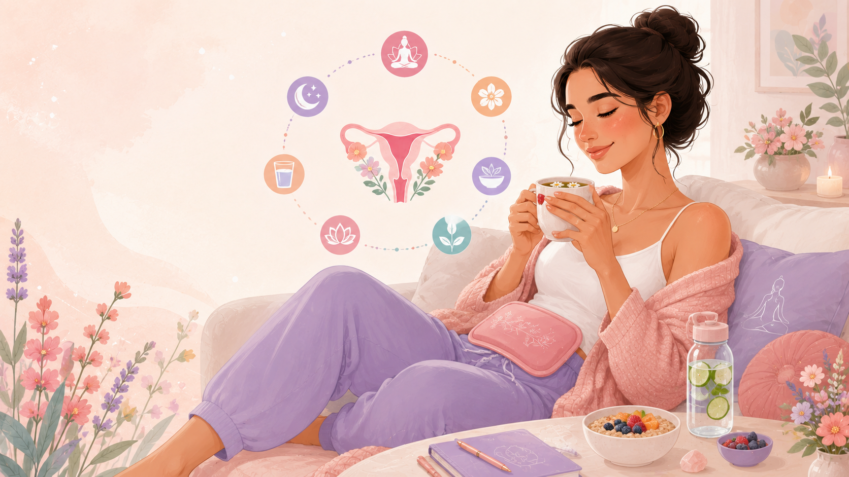 Woman resting with tea and wellness icons